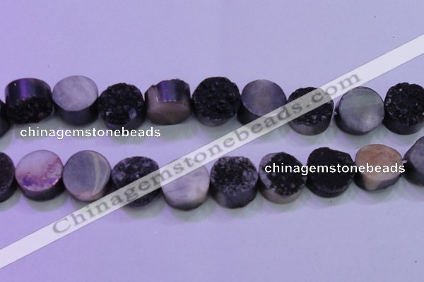 CAG8397 7.5 inches 25mm coin black plated druzy agate beads