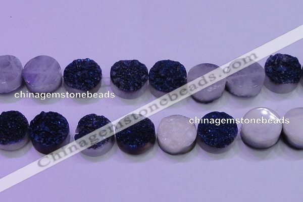 CAG8406 7.5 inches 30mm coin blue plated druzy agate beads