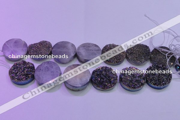 CAG8414 7.5 inches 35mm coin rainbow plated druzy agate beads