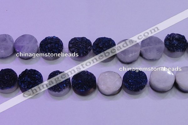 CAG8416 7.5 inches 35mm coin blue plated druzy agate beads