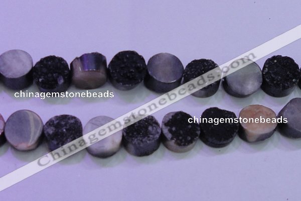 CAG8417 7.5 inches 35mm coin black plated druzy agate beads