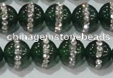 CAG8622 15.5 inches 12mm round green agate with rhinestone beads