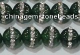 CAG8623 15.5 inches 14mm round green agate with rhinestone beads