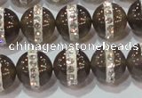 CAG8628 15.5 inches 14mm round grey agate with rhinestone beads