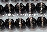 CAG8631 15.5 inches 10mm round black agate with rhinestone beads