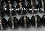 CAG8632 15.5 inches 12mm round black agate with rhinestone beads