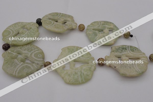 CAL28 14.5 inches 54*56mm carved fish agalmatolite beads