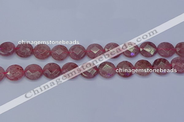 CBQ461 15.5 inches 14mm faceted coin strawberry quartz beads