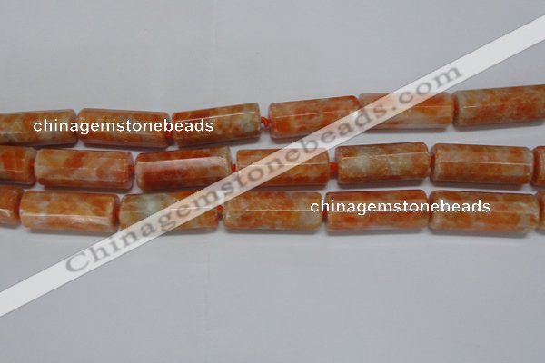 CCA470 15.5 inches 12*30mm faceted tube orange calcite gemstone beads