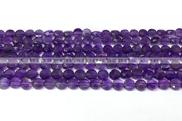 CCB1414 15 inches 6mm faceted coin amethyst beads