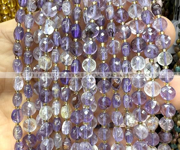 CCB1712 15 inches 6mm faceted coin purple phantom quartz beads