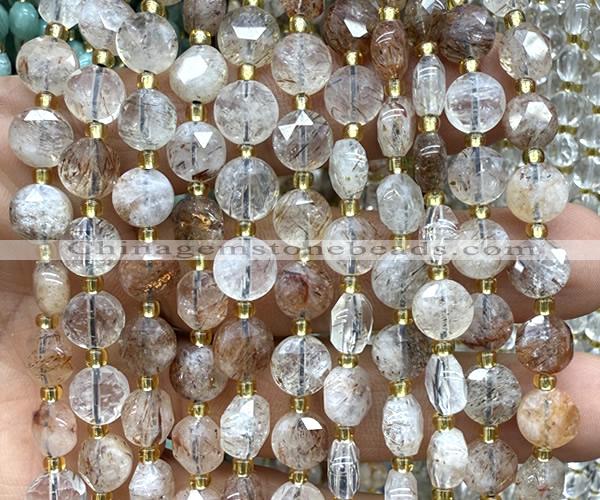 CCB1910 15 inches 8mm faceted coin black gold rutilated quartz beads