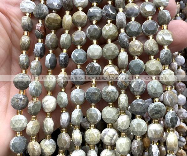 CCB1992 15 inches 8mm faceted coin silver leaf jasper beads