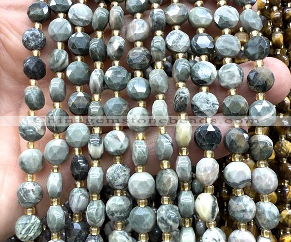 CCB1996 15 inches 8mm faceted coin green wood grain jasper beads