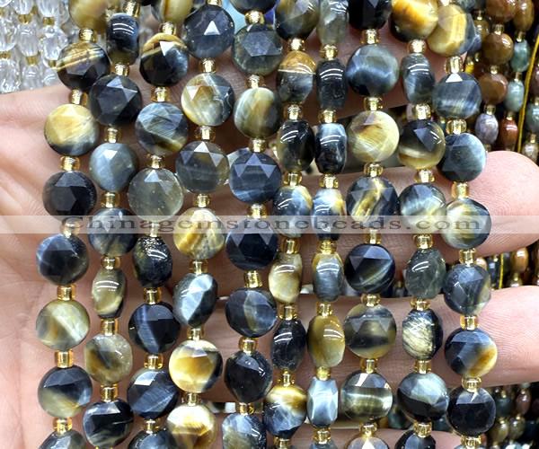 CCB2050 15 inches 8mm faceted coin golden & blue tiger eye beads