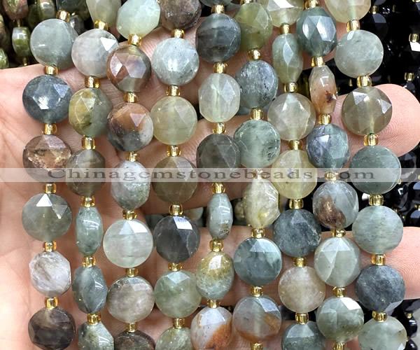 CCB2098 15 inches 10mm faceted coin green rutilated quartz beads