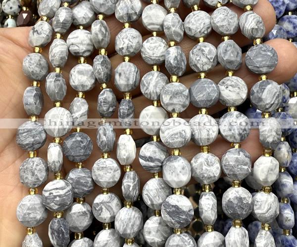 CCB2142 15 inches 10mm faceted coin grey picture jasper beads