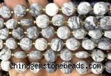 CCB2142 15 inches 10mm faceted coin grey picture jasper beads
