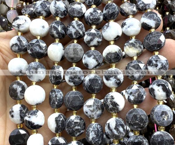 CCB2161 15 inches 10mm faceted coin black & white jasper beads