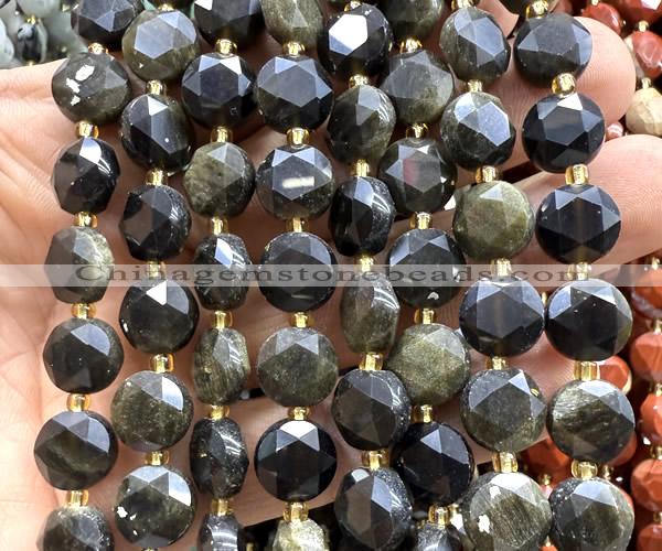 CCB2194 15 inches 10mm faceted coin golden obsidian beads