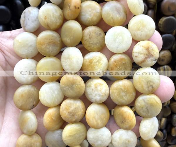 CCB2255 15 inches 15mm flat round matte yellow aventurine jade beads