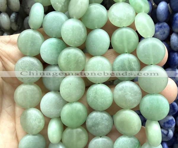 CCB2257 15 inches 15mm flat round matte green aventurine jade beads