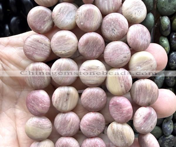 CCB2263 15 inches 15mm flat round matte pink wooden jasper beads