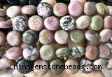 CCB2276 15 inches 15mm flat round matte rhodonite beads wholesale