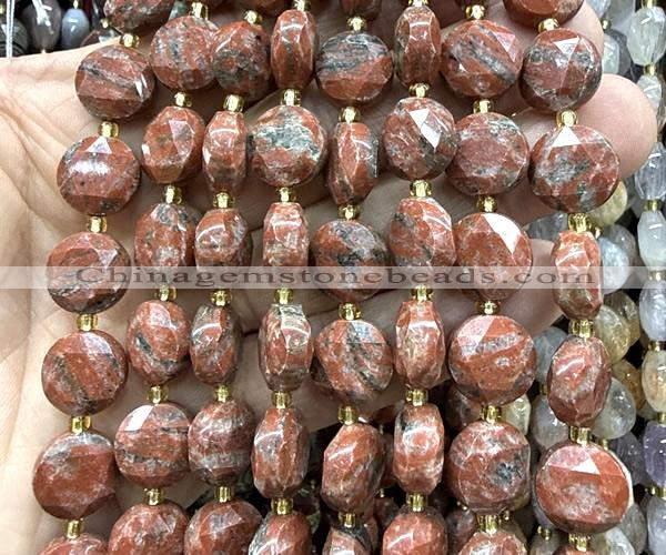 CCB2348 15 inches 12mm faceted coin red sesame jasper beads