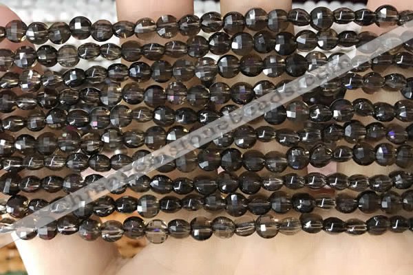 CCB534 15.5 inches 4mm faceted coin smoky quartz beads