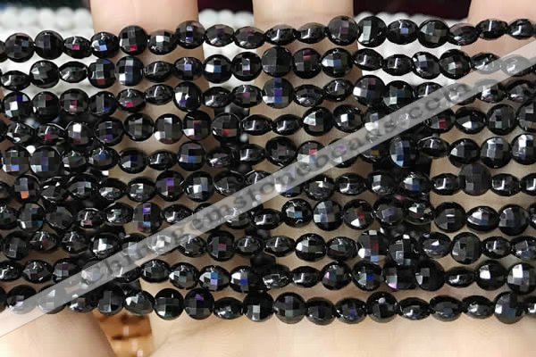 CCB549 15.5 inches 4mm faceted coin black tourmaline beads