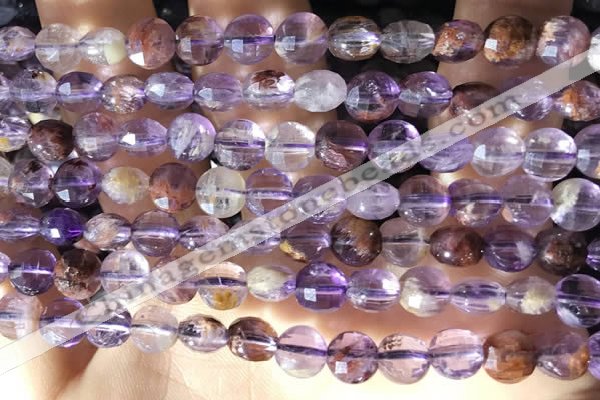 CCB603 15.5 inches 6mm faceted coin purple phantom quartz beads