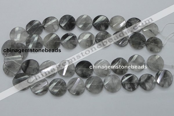 CCQ143 15.5 inches 20mm faceted & twisted coin cloudy quartz beads