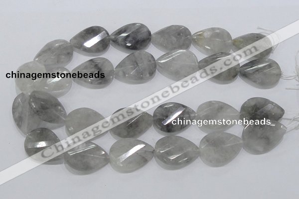 CCQ173 22*30mm twisted & faceted flat teardrop cloudy quartz beads