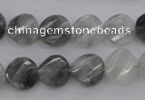 CCQ272 15.5 inches 12mm faceted & twisted coin cloudy quartz beads