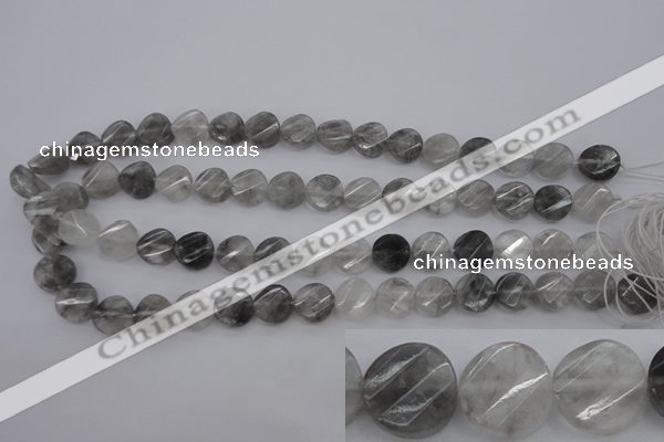 CCQ272 15.5 inches 12mm faceted & twisted coin cloudy quartz beads