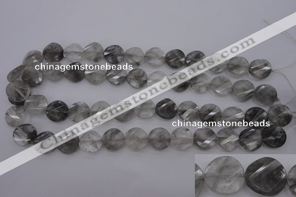 CCQ273 15.5 inches 15mm faceted & twisted coin cloudy quartz beads