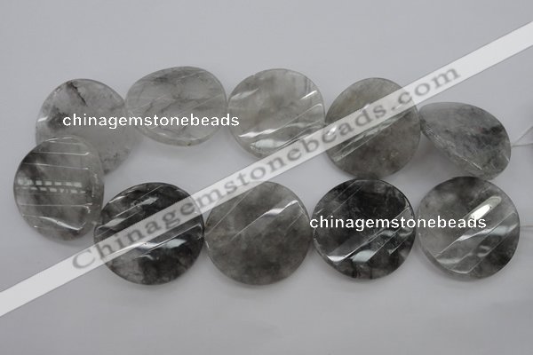 CCQ277 15.5 inches 40mm faceted & twisted coin cloudy quartz beads