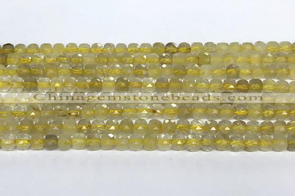 CCU1025 15 inches 4mm faceted cube golden rutilated quartz beads