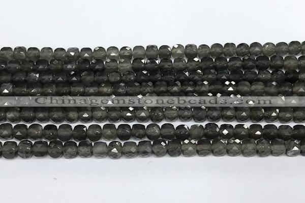 CCU1029 15 inches 4mm faceted cube grey moonstone beads