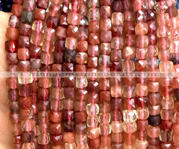 CCU1809 15 inches 4mm faceted cube red rabbit hair quartz beads