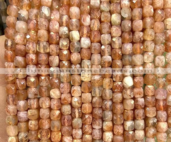 CCU1834 15 inches 4mm faceted cube golden sunstone beads