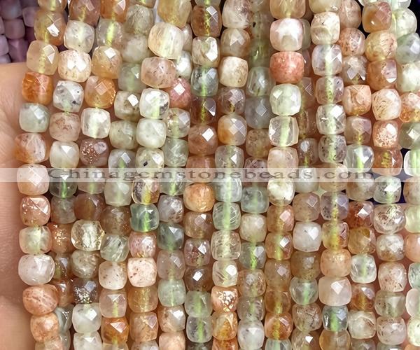 CCU1836 15 inches 4mm faceted cube arusha sunstone beads