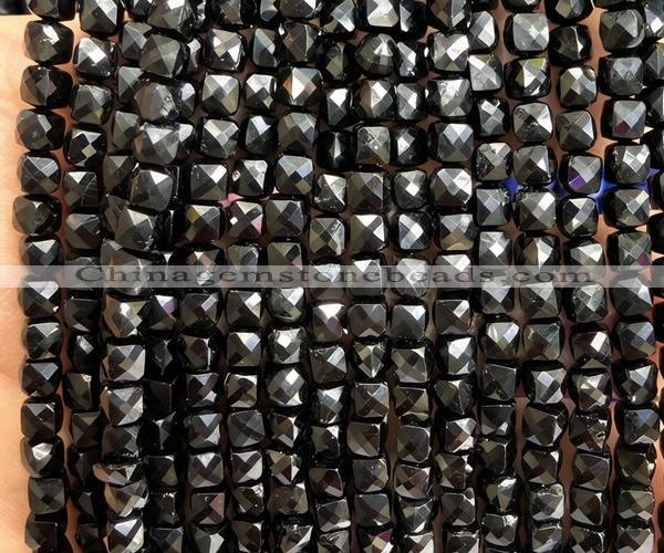 CCU1848 15 inches 4mm faceted cube black tourmaline beads