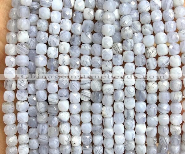 CCU1885 15 inches 4mm faceted cube blue lace agate beads