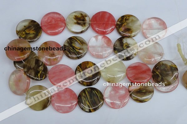 CCY214 15.5 inches 30mm flat round volcano cherry quartz beads