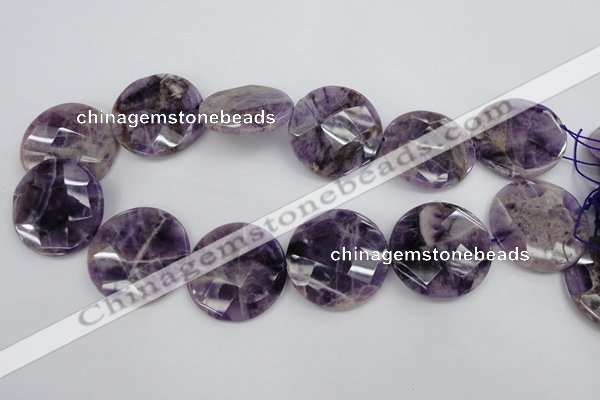 CDA44 15.5 inches 32mm faceted coin dogtooth amethyst beads