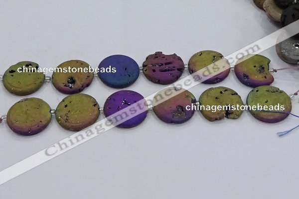 CDQ680 8 inches 30mm flat round druzy quartz beads wholesale