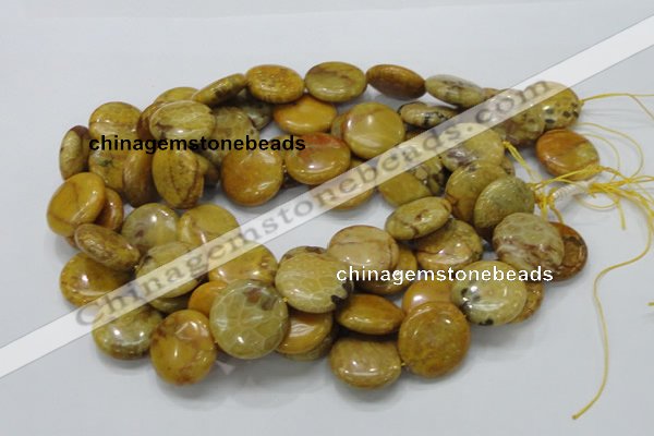 CFA44 15.5 inches 25mm flat round yellow chrysanthemum agate beads