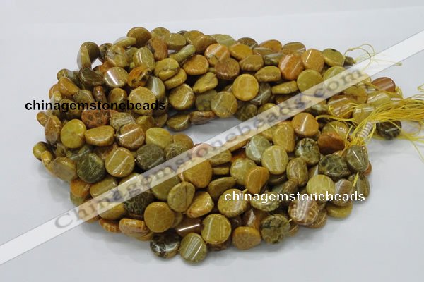 CFA55 15.5 inches 15mm twisted coin yellow chrysanthemum agate beads